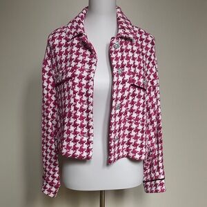 ZARA Pink White Houndstooth Tweed Cropped Blazer Jacket with Rhinestone Buttons